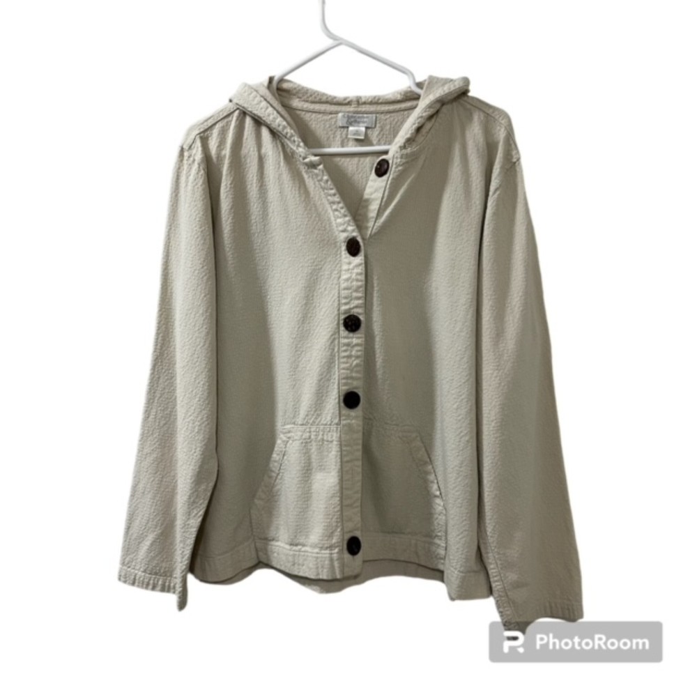 Christopher & Banks Cream Seersucker Button Down LS Hoodie Jacket Size XL